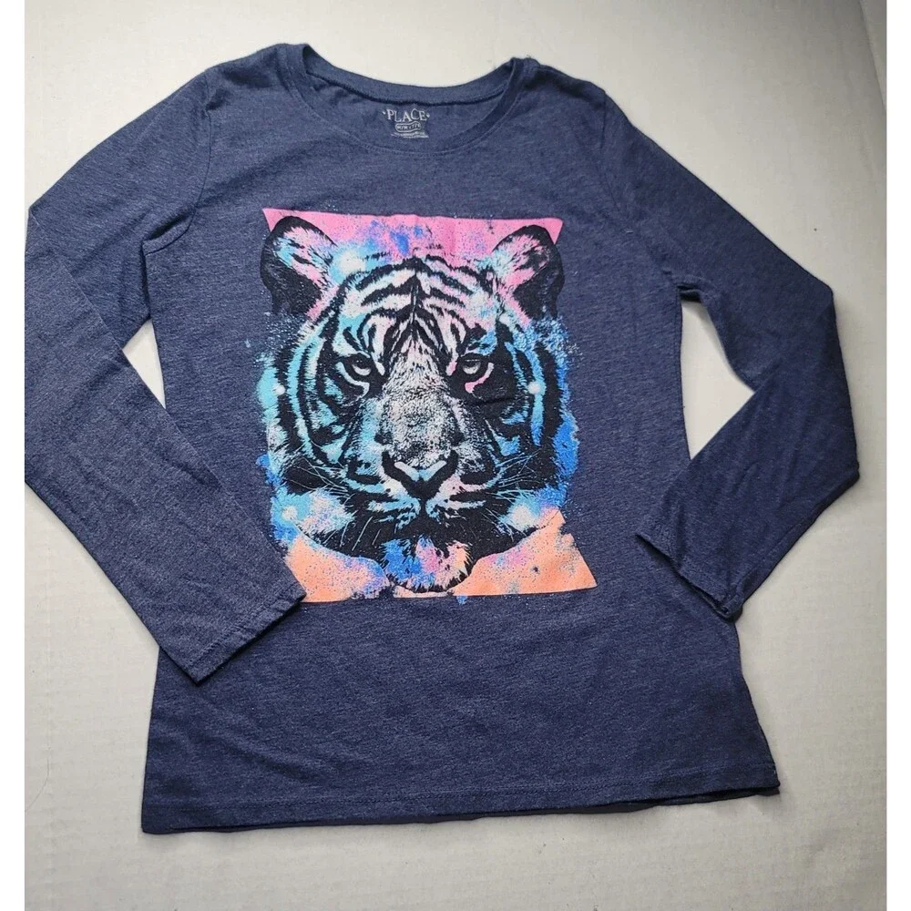 The Children's Place Girl's Graphic Long Sleeve Tiger T-Shirt Blue Size M 7/8